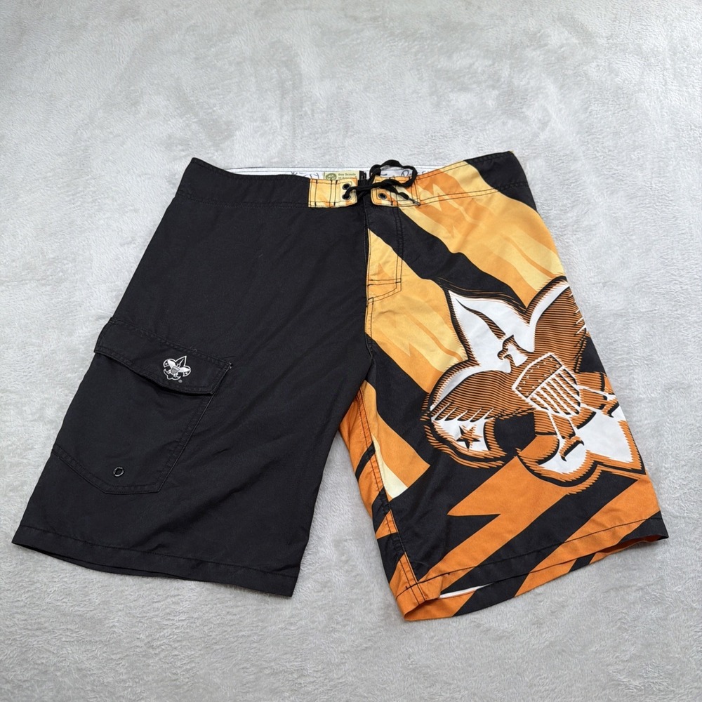 Boy Scouts Of America Board Shorts Mens Sz M Black Orange Swim Trunks Unlined